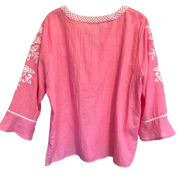 Alfred Dunner Paradise Pink Embroidered Yoke & Sleeve V Neck Tunic Top Sz Medium - Picture 3 of 9